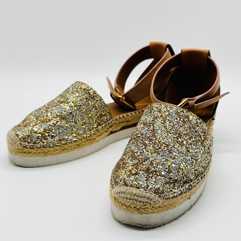 See by Chloe Glyn Gold Glitter Espadrille Wedge Sandal Size EU 37